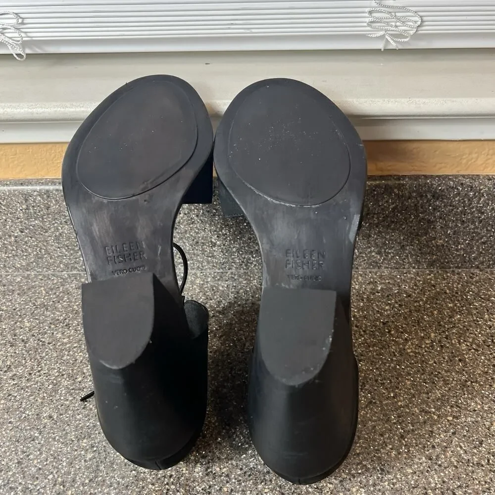 Eileen Fisher Black Textured Leather Chunky Heels Tie Up Peep Toe Women's Sz 9.5